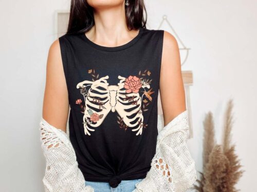 Skeleton Flower Tank Top Dark Cottagecore Clothing Cottage Core Clothes Witchy Muscle Tank Aesthetic Clothes Goth Tank Top Gothic Tank