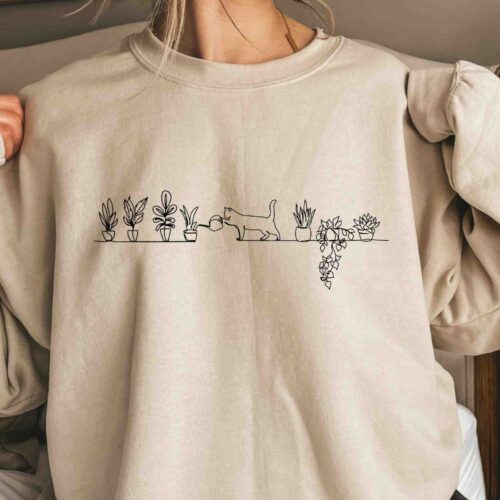 Cat Watering Plants Sweatshirt, Plant Lady Hoodie, Plants Sweatshirt, Gardening Sweatshirt, Succulents And Cat Hoodie,Cats And Plants Hoodie