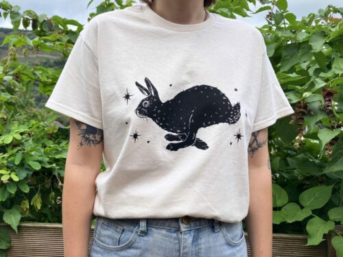 Hand Printed Bunny T Shirt - Cottagecore Tshirt, Wildlife Rabbit Linocut Fairycore Blockprint Dark Academia Clothing Animal Screenprint Tee