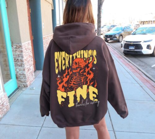 Everything'S Fine Skeleton Hoodie, Streetwear Hoodie, Oversized Y2K Sweatshirt, Grunge Skull, Moto Edgy Rock N Roll, Vintage Graphic, Unisex