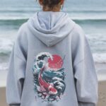 Cozy Japanese Koi Fish Hoodie, Nautical Asian Art Sweater, Unisex Tokyo Style, Urban Pond-Themed Hooded Top, Perfect For The Beach.