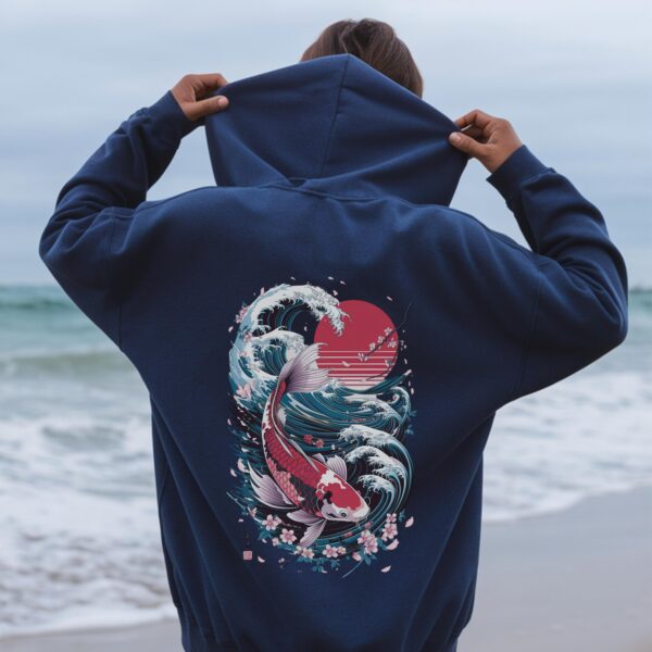 Cozy Japanese Koi Fish Hoodie, Nautical Asian Art Sweater, Unisex Tokyo Style, Urban Pond-Themed Hooded Top, Perfect For The Beach.