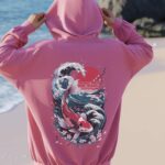 Cozy Japanese Koi Fish Hoodie, Nautical Asian Art Sweater, Unisex Tokyo Style, Urban Pond-Themed Hooded Top, Perfect For The Beach.