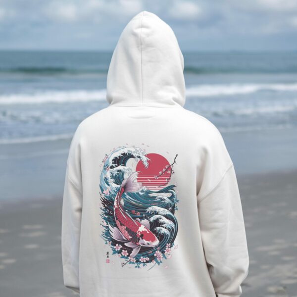 Cozy Japanese Koi Fish Hoodie, Nautical Asian Art Sweater, Unisex Tokyo Style, Urban Pond-Themed Hooded Top, Perfect For The Beach.